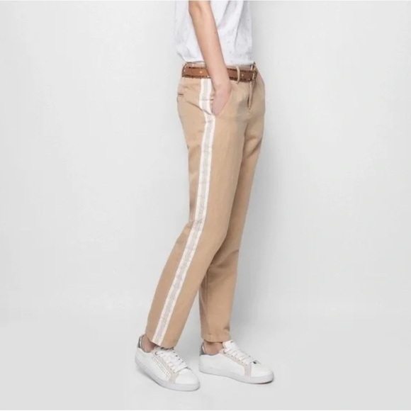 NWOT Zadig & Voltaire Pomelo Lin Military Side Stripe Pants Tan Cotton Linen 4 - Picture 1 of 9